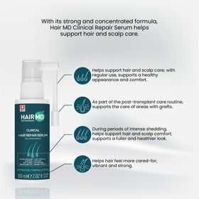 HairMD Transplant Clinical Repair Serum label highlights skin-friendly ingredients