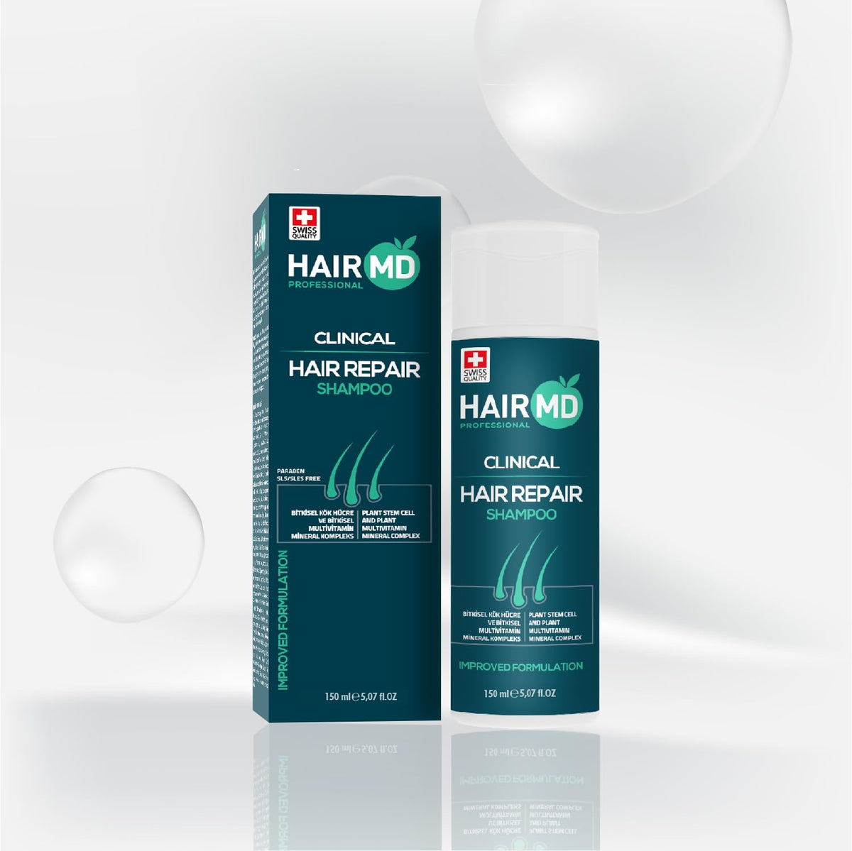 Packaging and ingredients scene featuring biotin and Saw Palmetto in HairMD shampoo