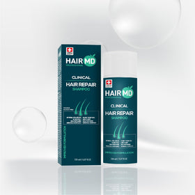 Packaging and ingredients scene featuring biotin and Saw Palmetto in HairMD shampoo