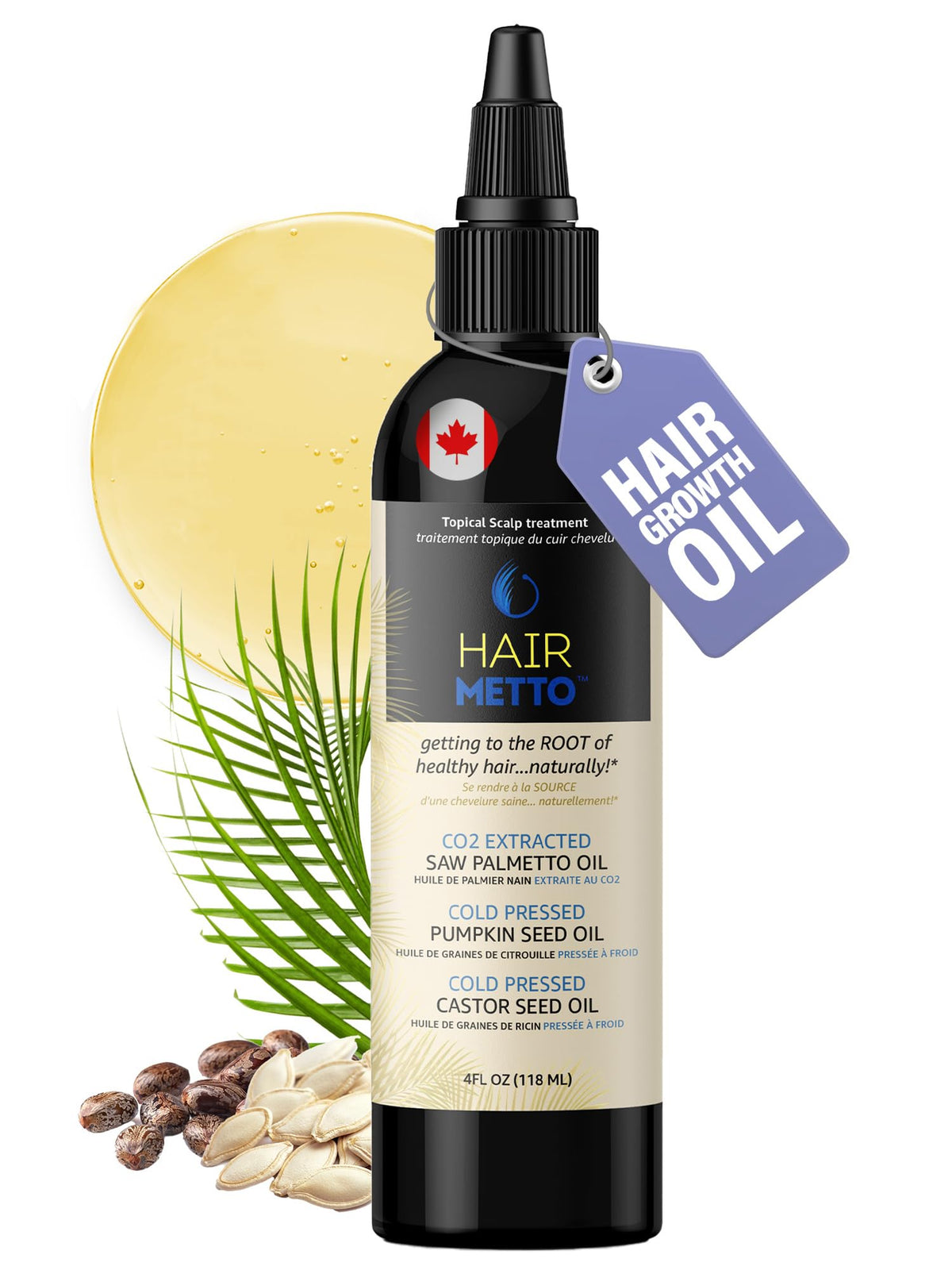 HAIRMETTO pumpkin seed oil with saw palmetto bottle for natural hair nourishment