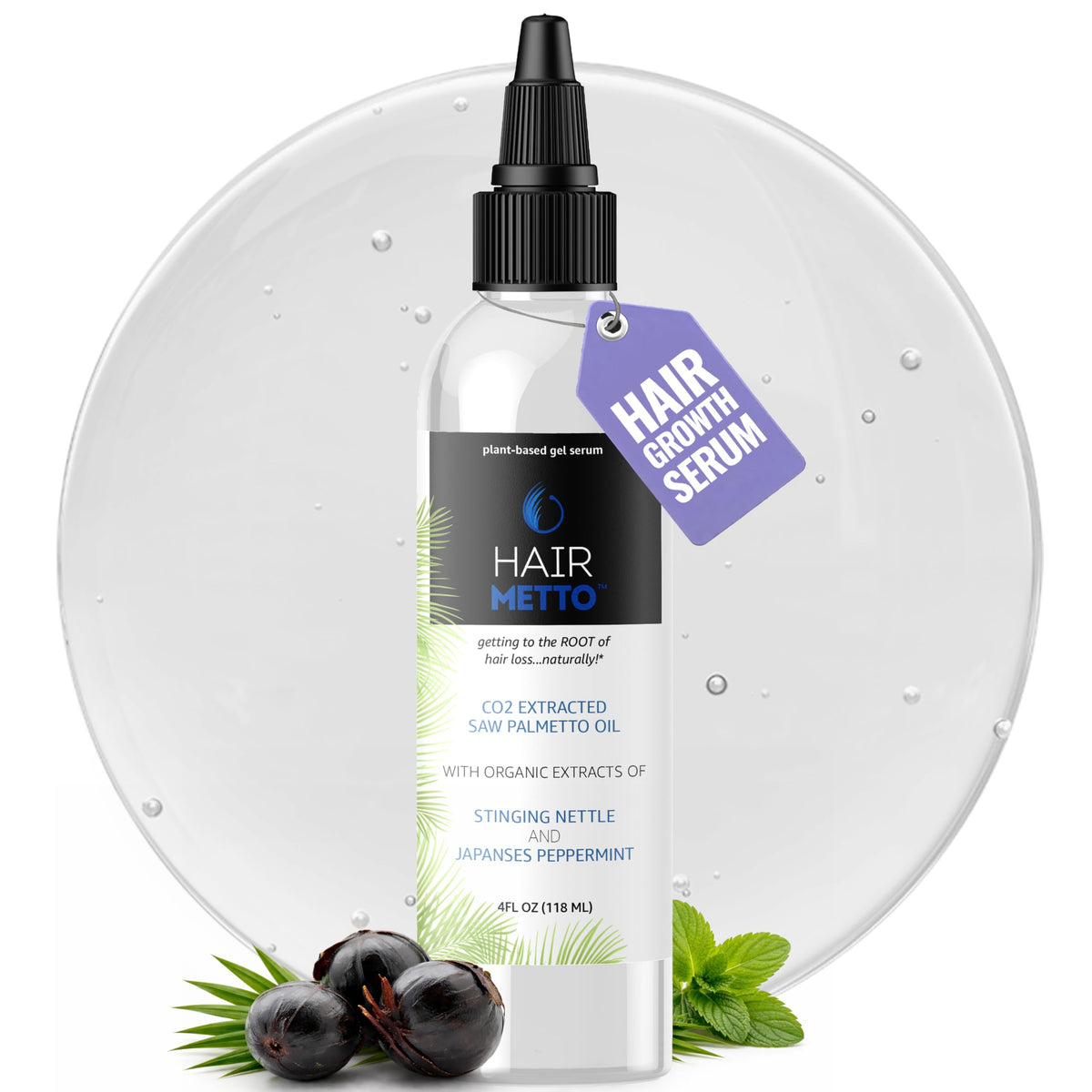 HAIRMETTO Saw Palmetto Serum bottle showing scalp care benefits for daily use