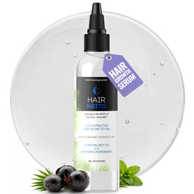 HAIRMETTO Saw Palmetto Serum bottle showing scalp care benefits for daily use