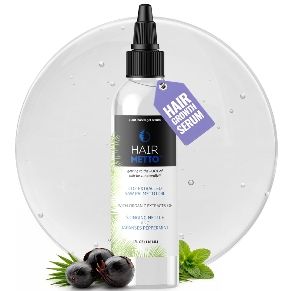 HAIRMETTO Saw Palmetto Serum bottle showing scalp care benefits for daily use
