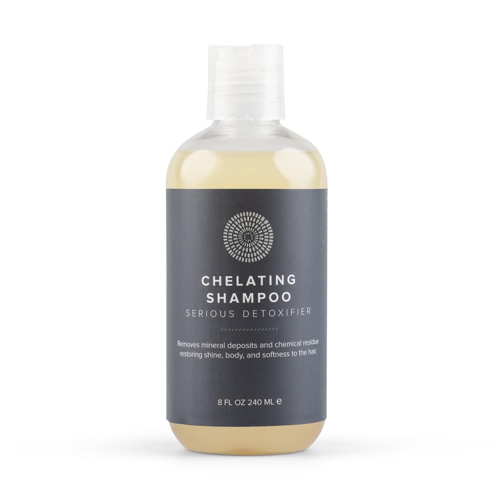 Hairprint Chelating Shampoo bottle label closeup reveals mineral buildup removal.