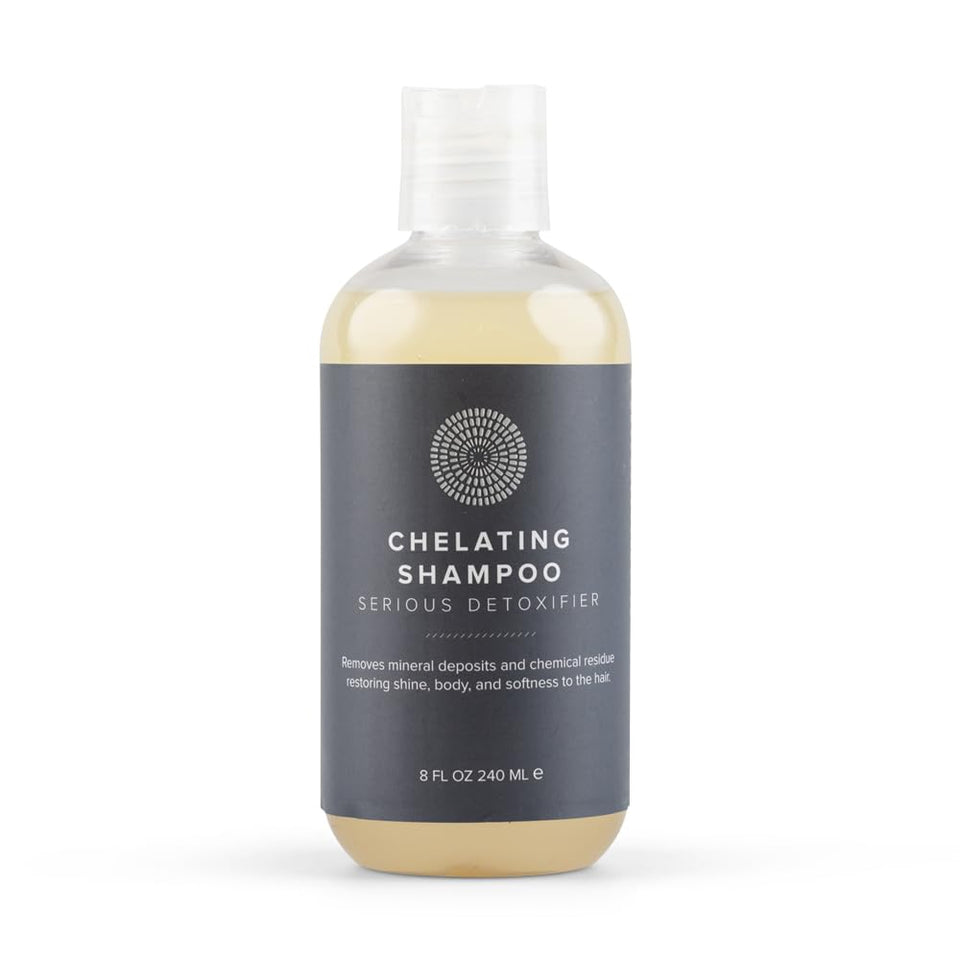 Hairprint Chelating Shampoo bottle label closeup reveals mineral buildup removal.