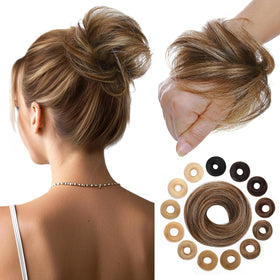 Hairro human hair messy bun closeup shows natural blend.