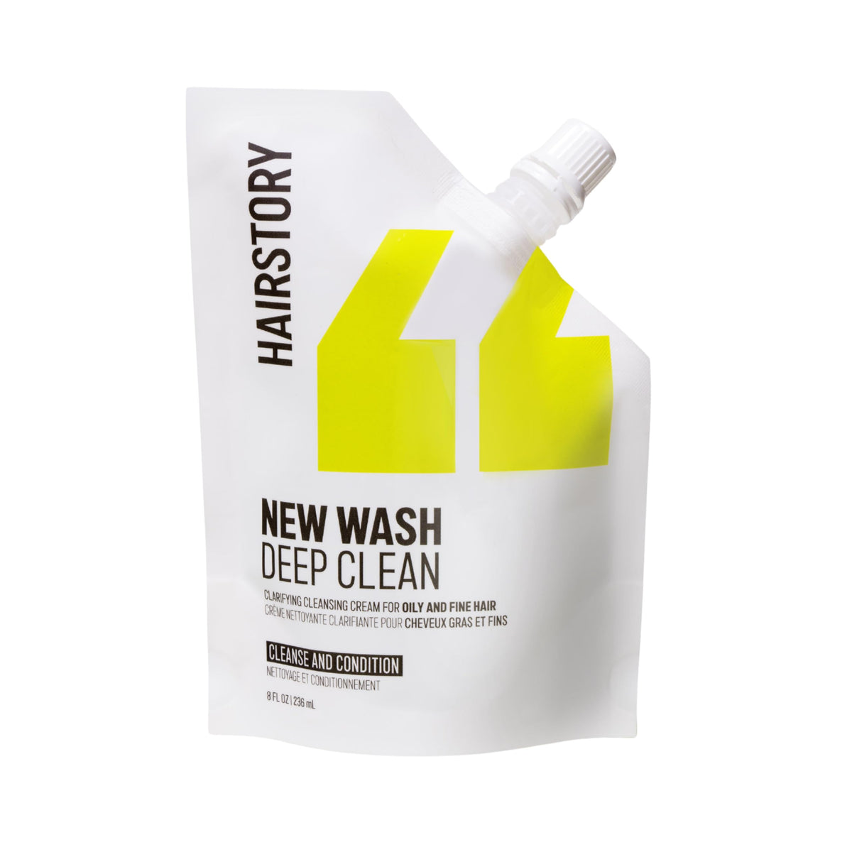 Hairstory New Wash Deep Clean bottle shot showing light, oil-control cleansing for fine hair