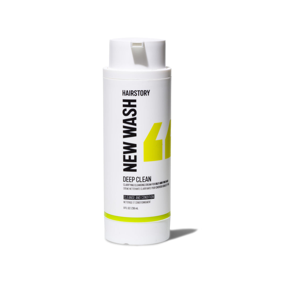 Hairstory New Wash Deep Clean bottle demonstrates detergent-free cleansing for oil-prone, fine hair.