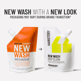 Hairstory New Wash Deep Clean usage guide image demonstrating 2-3 minute processing