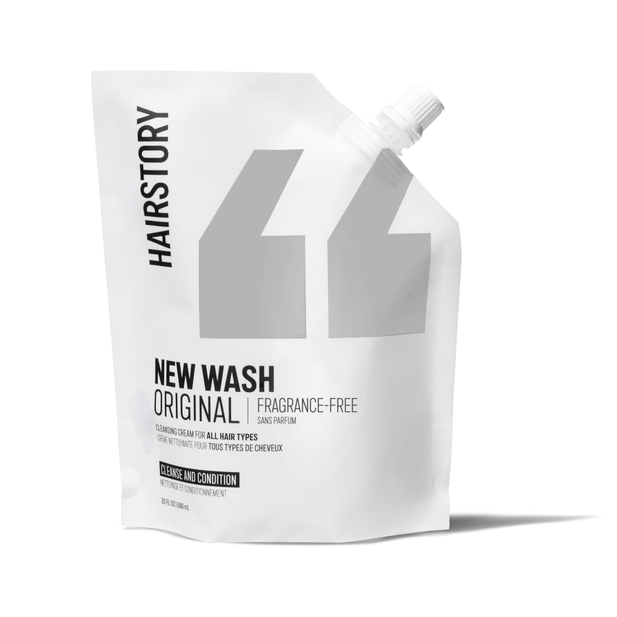 Hairstory New Wash Original Fragrance Free pouch front view for fragrance-free cleansing