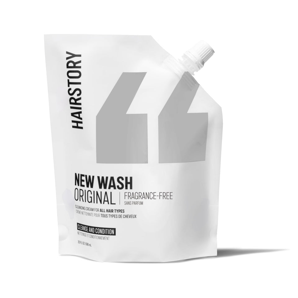 Hairstory New Wash Original Fragrance Free pouch front view for fragrance-free cleansing