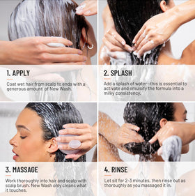 Hairstory New Wash Original fragrance-free scalp massage scene suggests soothing routine.