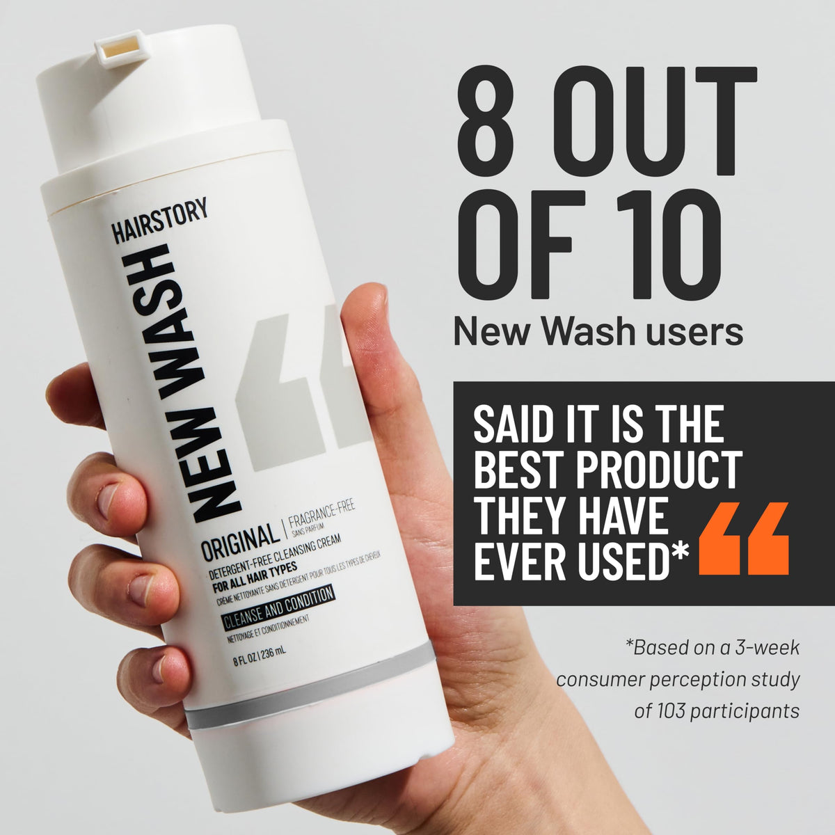 Hairstory New Wash Original fragrance-free vegan formula supports clean, ethical care.