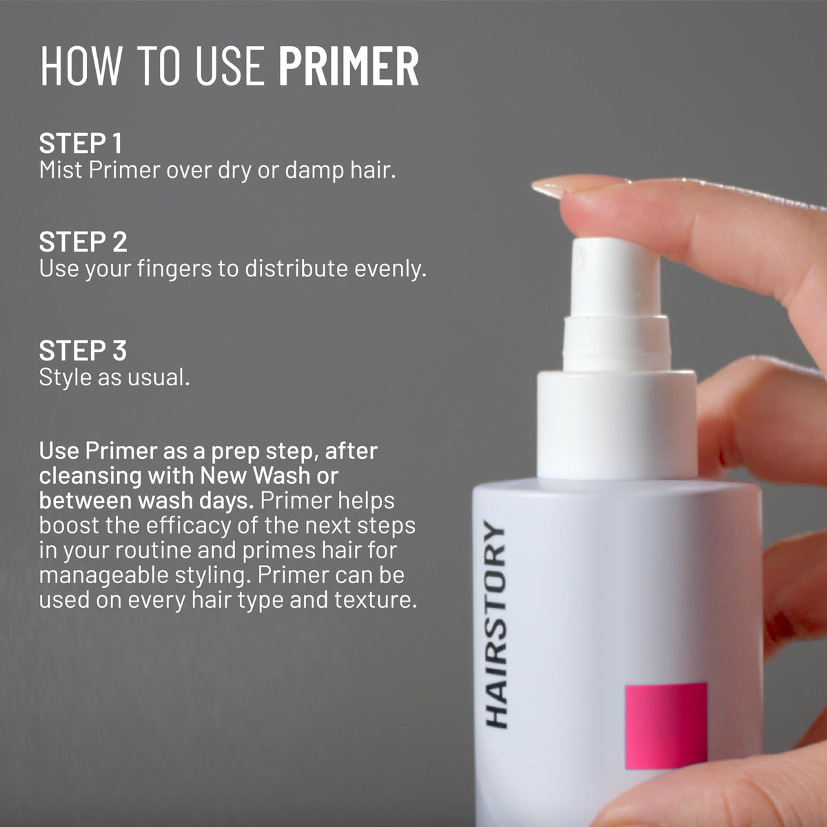 Hairstory Primer bottle with mist shield against humidity and pollution.