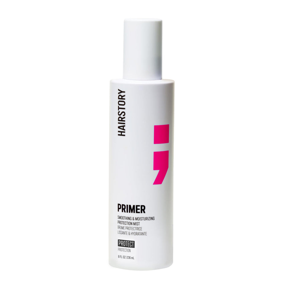 Hairstory Primer leave-in heat protectant spray protects hair before styling.