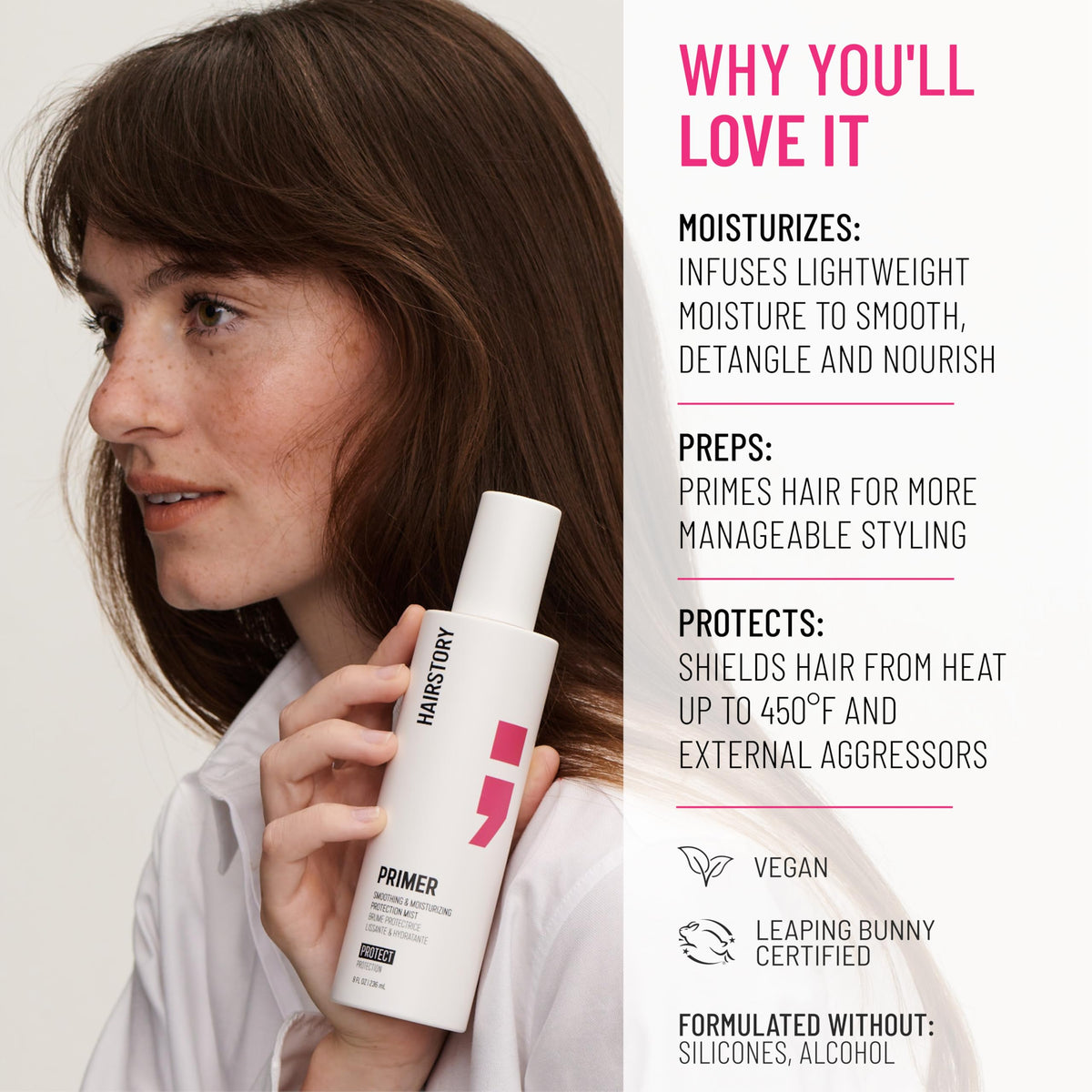 Hairstory Primer provides UV protection to help color stay vibrant.