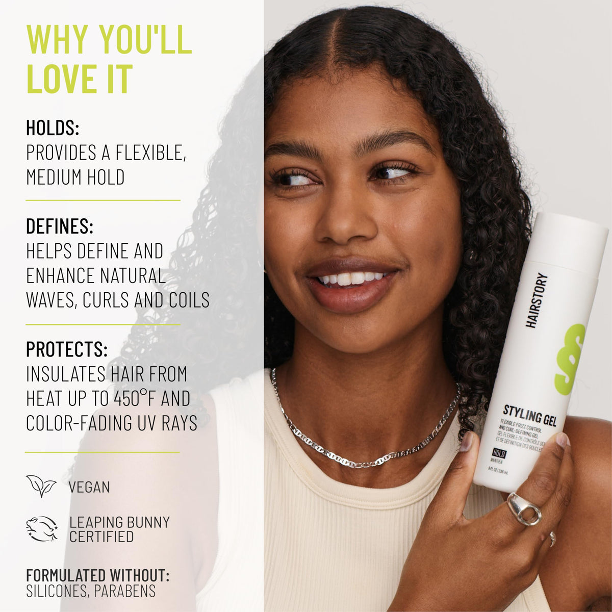 Wet hair with Hairstory Gel showing defined waves as it dries.