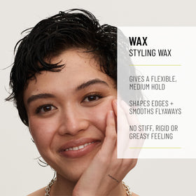 Hands applying Hairstory Wax for pliable, restyle-friendly control