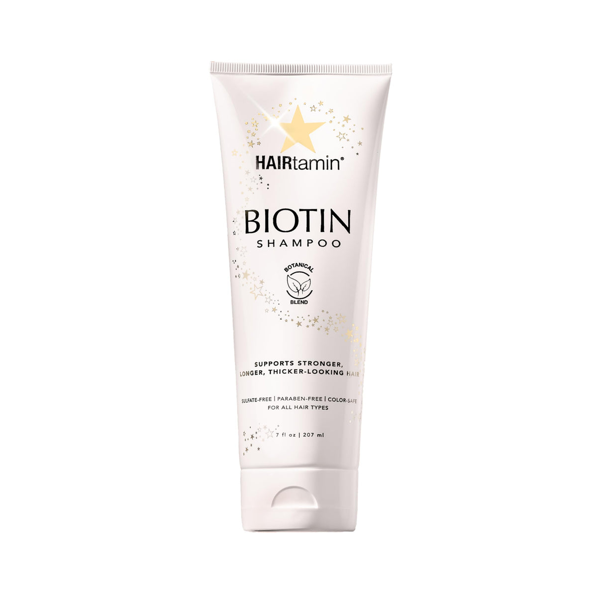 HAIRtamin Biotin Shampoo bottle highlighting sulfate-free formula for stronger, hydrated hair