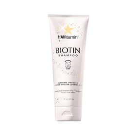 HAIRtamin Biotin Shampoo bottle highlighting sulfate-free formula for stronger, hydrated hair