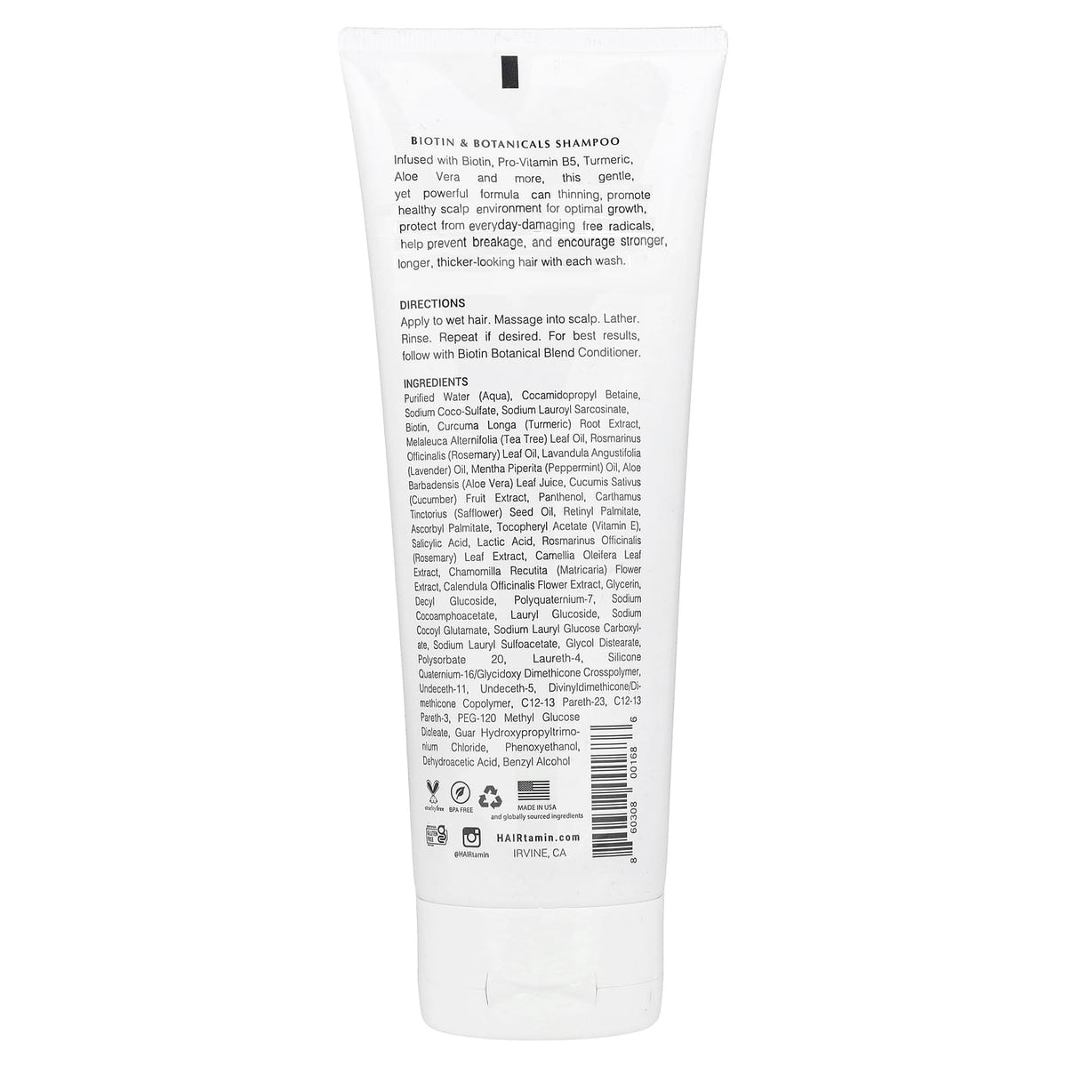HAIRtamin Biotin Shampoo packaging showcasing cruelty-free, eco-friendly approach