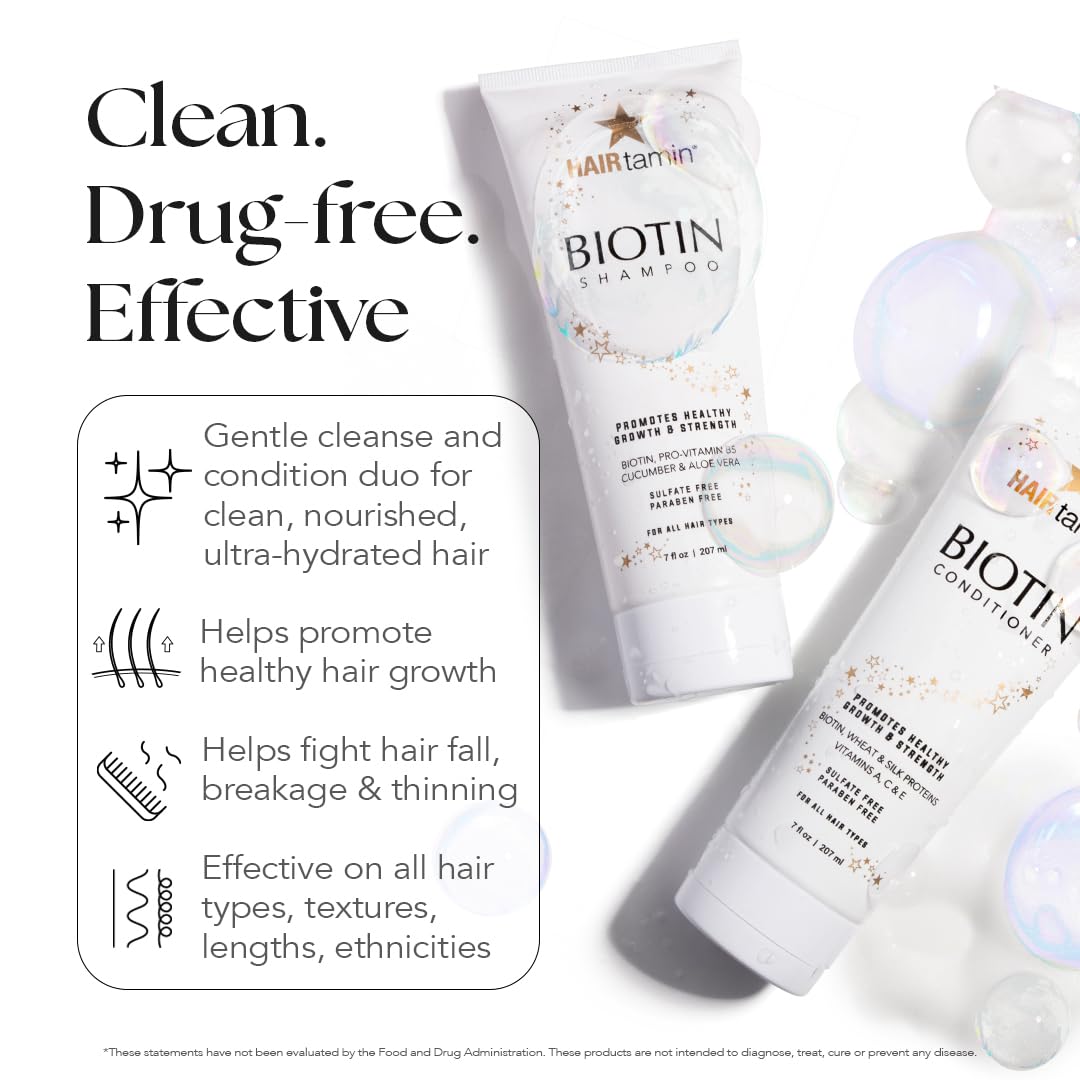 HAIRtamin Biotin Shampoo label closeup emphasizing vitamins for shine and moisture