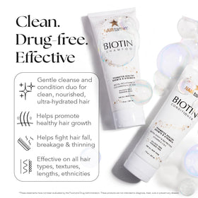 HAIRtamin Biotin Shampoo label closeup emphasizing vitamins for shine and moisture