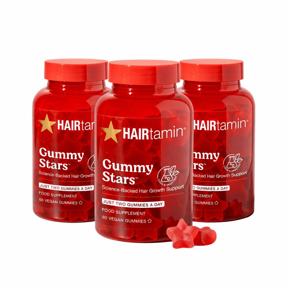 HAIRtamin Vegan Gummy Stars bottle for daily hair nourishment.