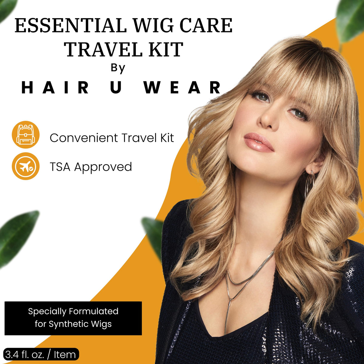 HairUWear Essential Care Travel Kit conditioner bottle closeup for detangling synthetic fibers