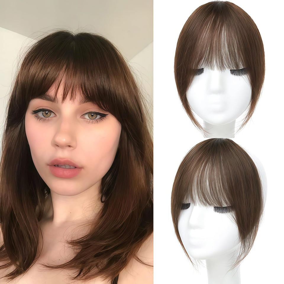 HAITOO clip-in bangs in French style on model for natural forehead coverage.