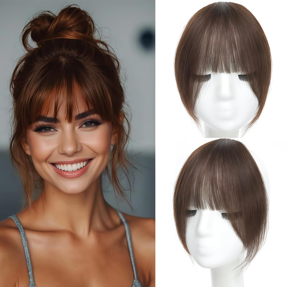 HAITOO clip-in bangs front view showing natural blend for daily wear