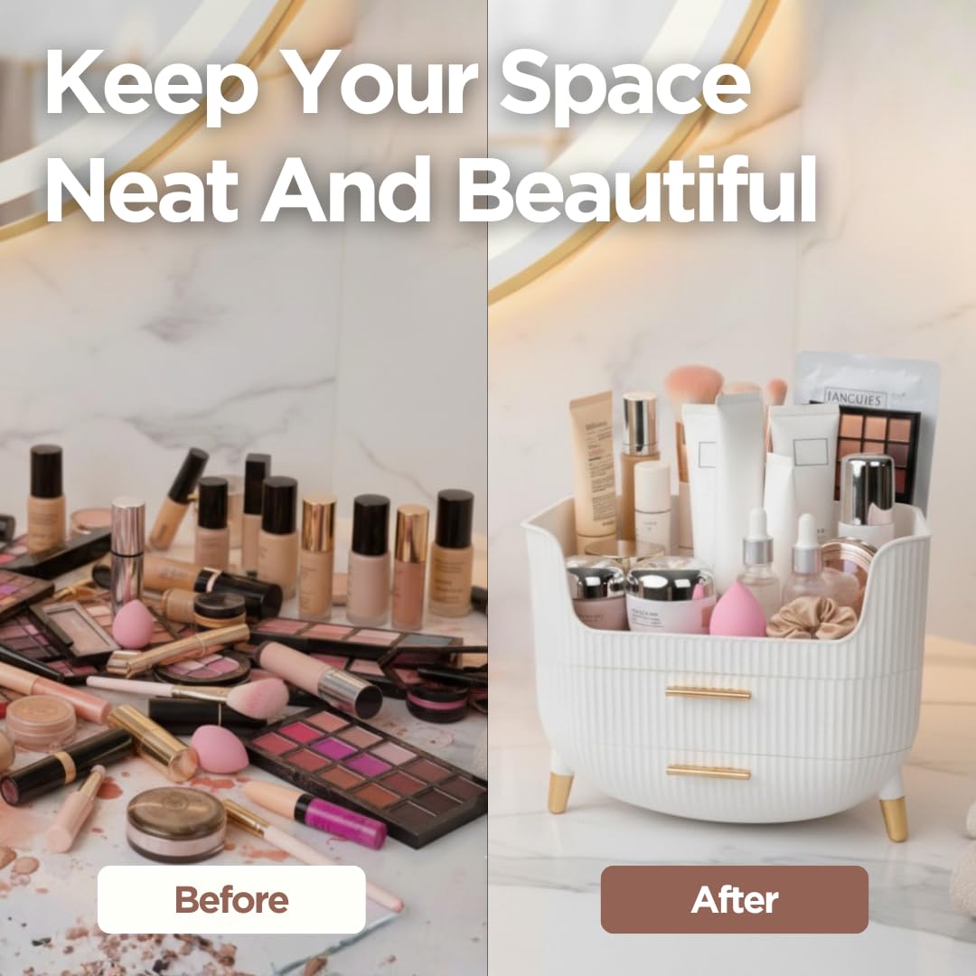 HALAFE gold-accent makeup organizer adds a luxe touch to any vanity.