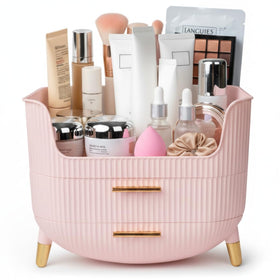 HALAFE makeup organizer with drawers keeps cosmetics neatly stored on the vanity.