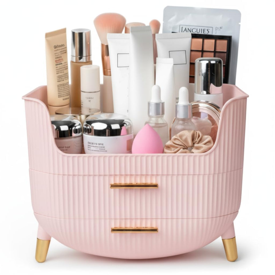 HALAFE makeup organizer with drawers keeps cosmetics neatly stored on the vanity.
