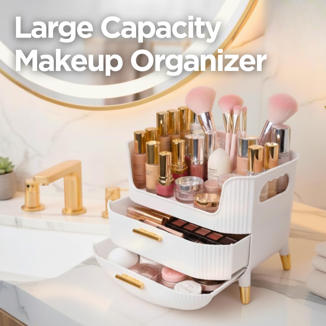 HALAFE top-compartment makeup organizer in pink provides quick access to serums.