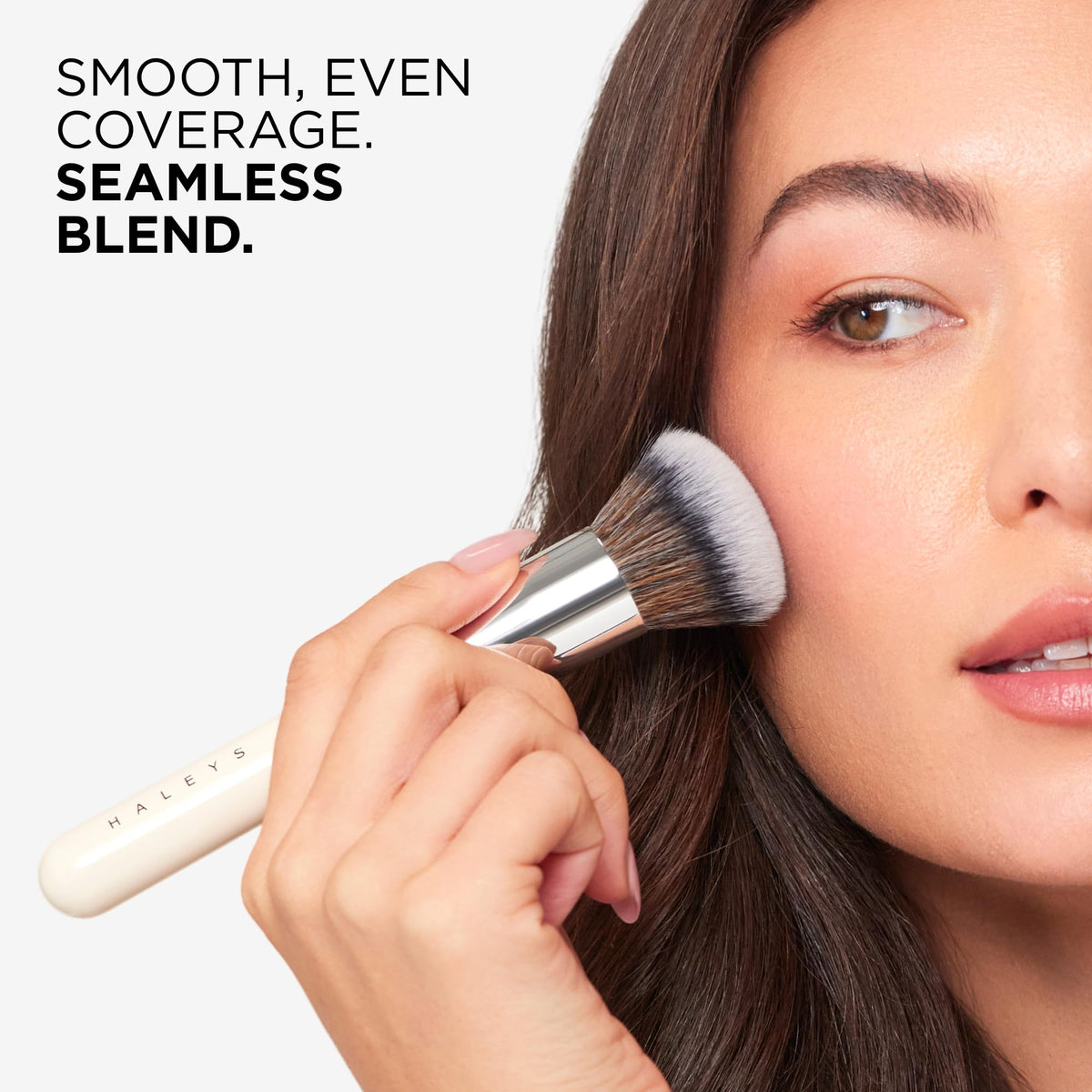 HALEYS Kabuki brush for blush application with smooth, even color.