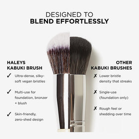 HALEYS Kabuki brush features ultra soft bristles for gentle application.