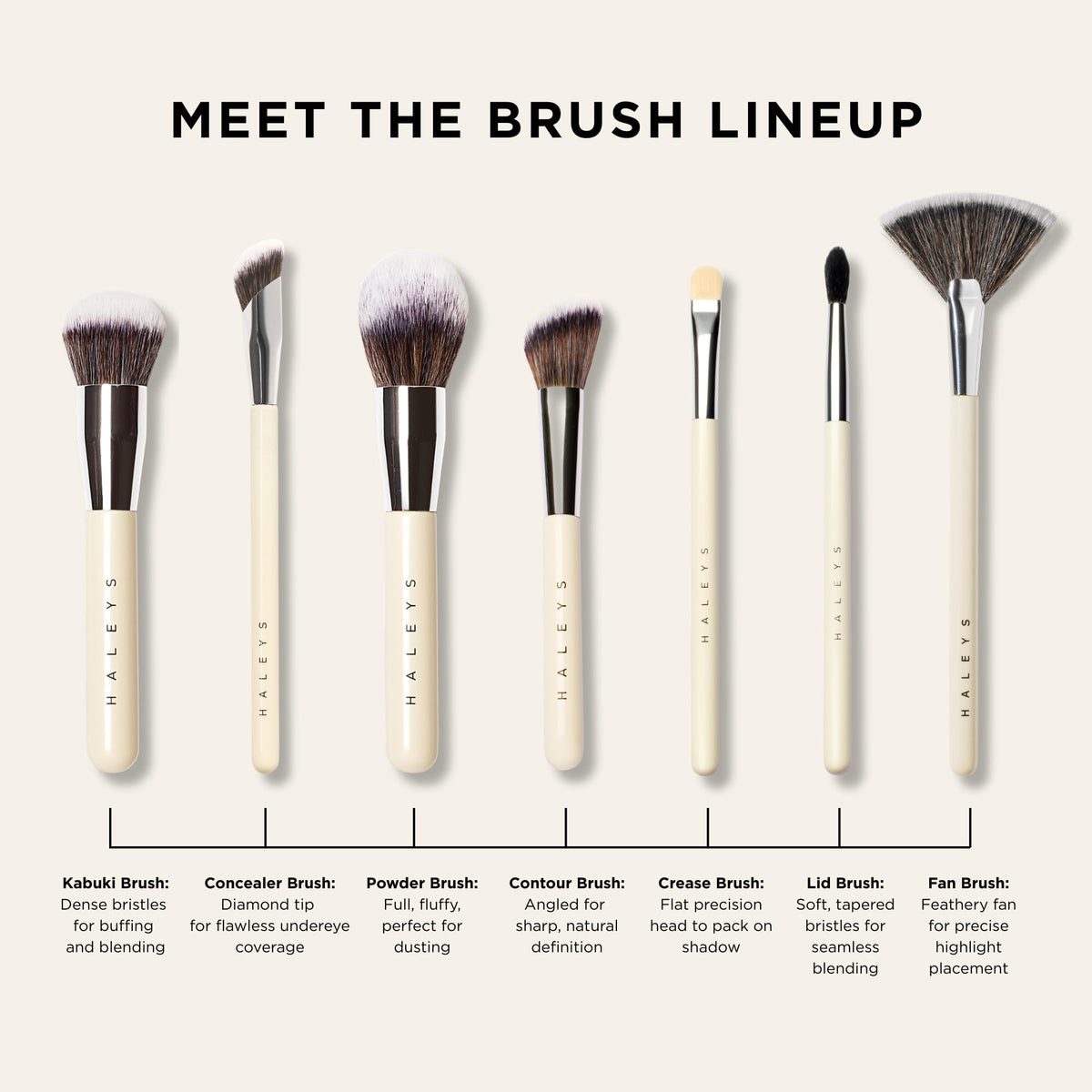 HALEYS vegan cruelty-free badge highlighting ethical makeup tools.