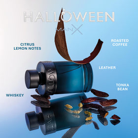 Halloween Man X base notes leather and amber for lasting warmth.