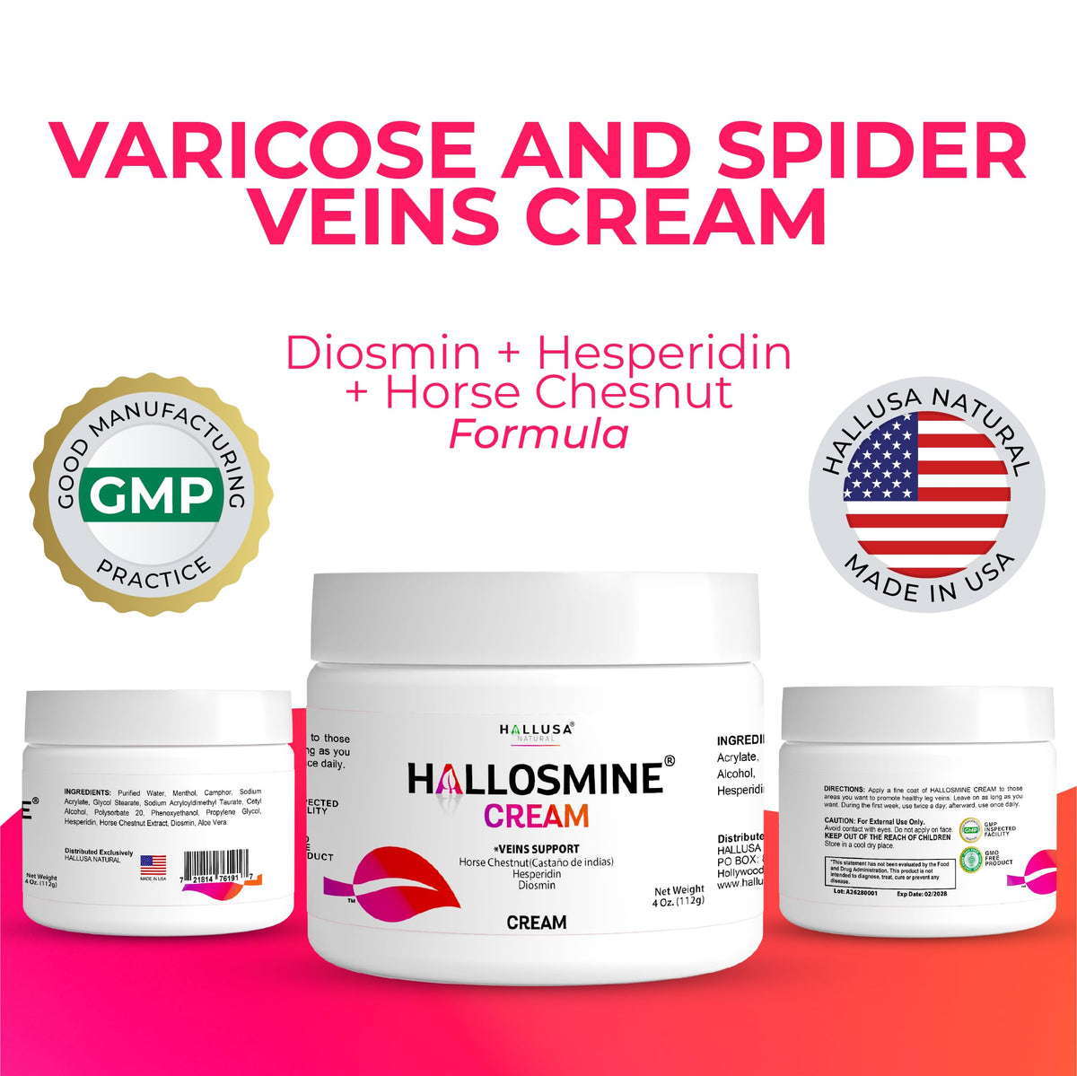 Hallusa Natural Hallosmine bottle showing ingredients including diosmin and horse chestnut