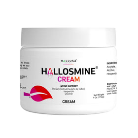 Hallusa Natural Hallosmine cream tube close-up highlighting cooling and leg hydration