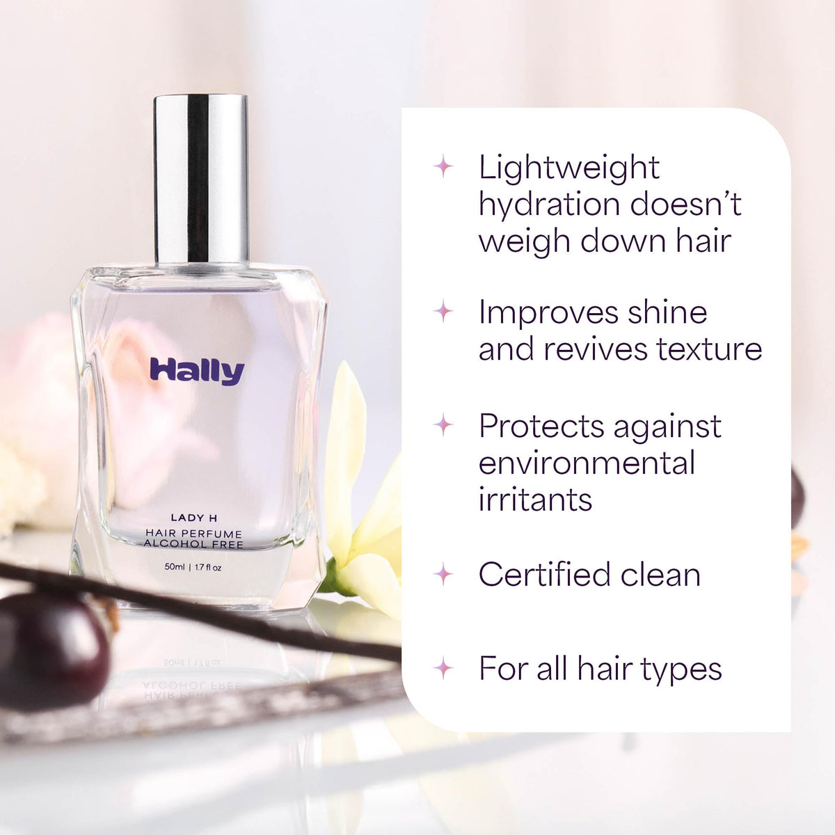 Hally Lady H hair and body spray provides a versatile scent experience.