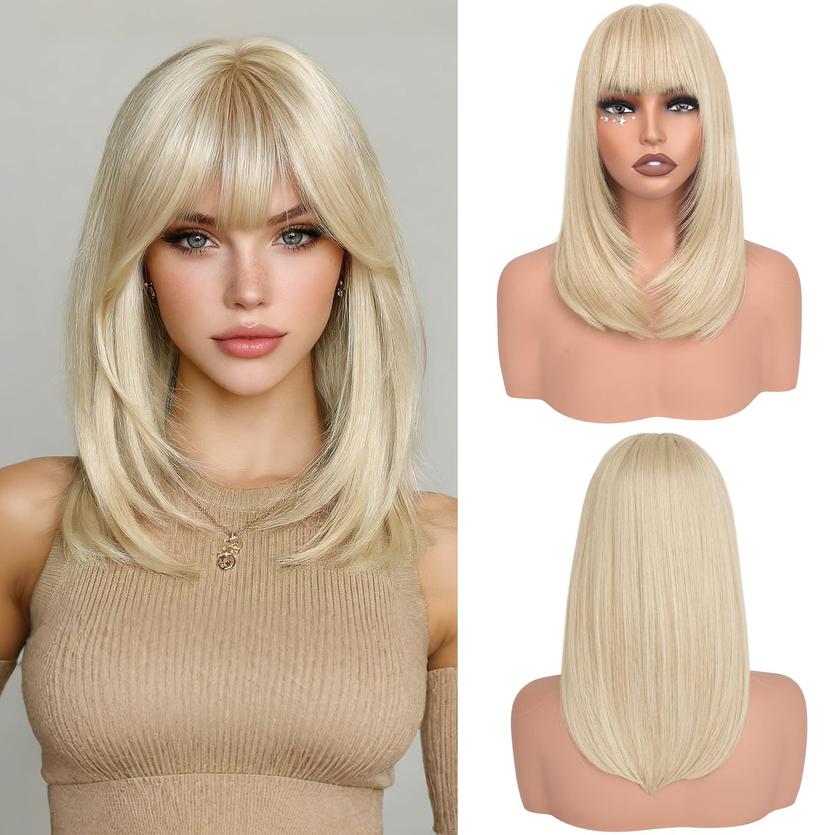 Haloo blonde bob wig with bangs front view for instant face framing and everyday wear.