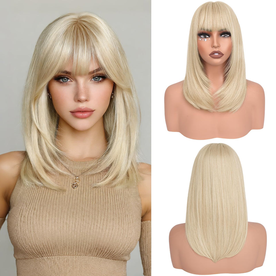 Haloo blonde bob wig with bangs front view for instant face framing and everyday wear.