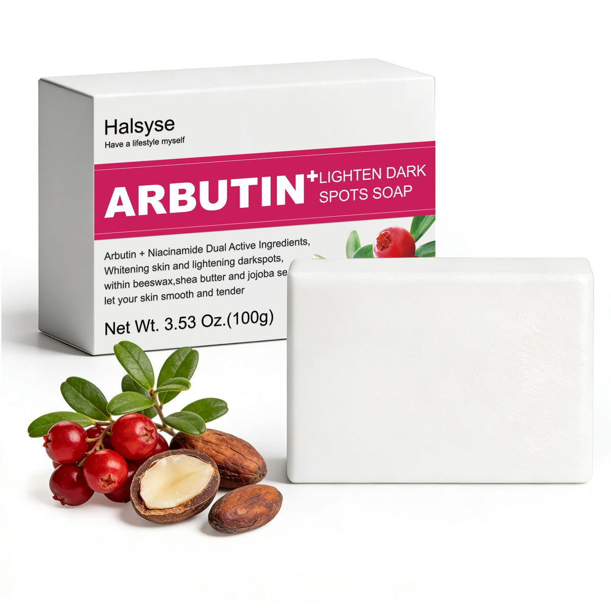 Halsyse Niacinamide & Arbutin brightening soap bar pack on a clean surface, signaling a gentle cleanse.