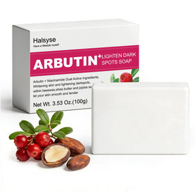 Halsyse Niacinamide & Arbutin brightening soap bar pack on a clean surface, signaling a gentle cleanse.