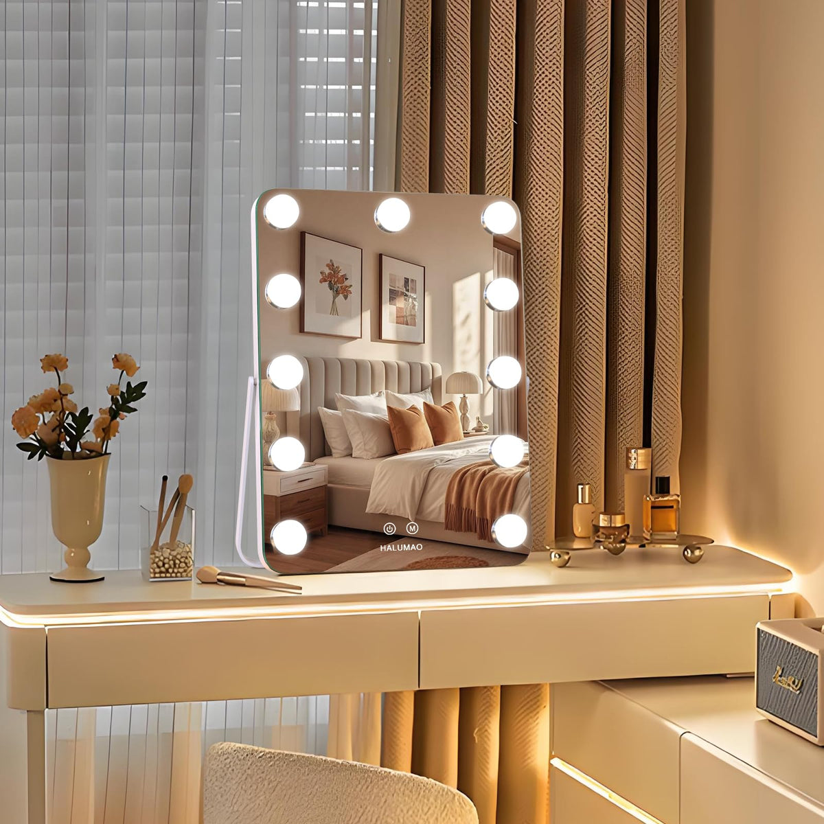 Halumao desk/tabletop vanity fits small spaces with sleek design.