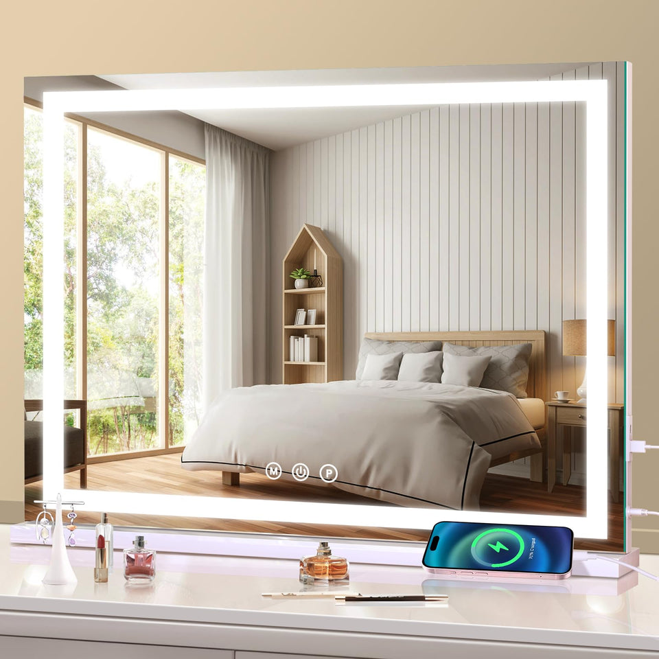 Halumao large lighted vanity mirror front view with even lighting for makeup.