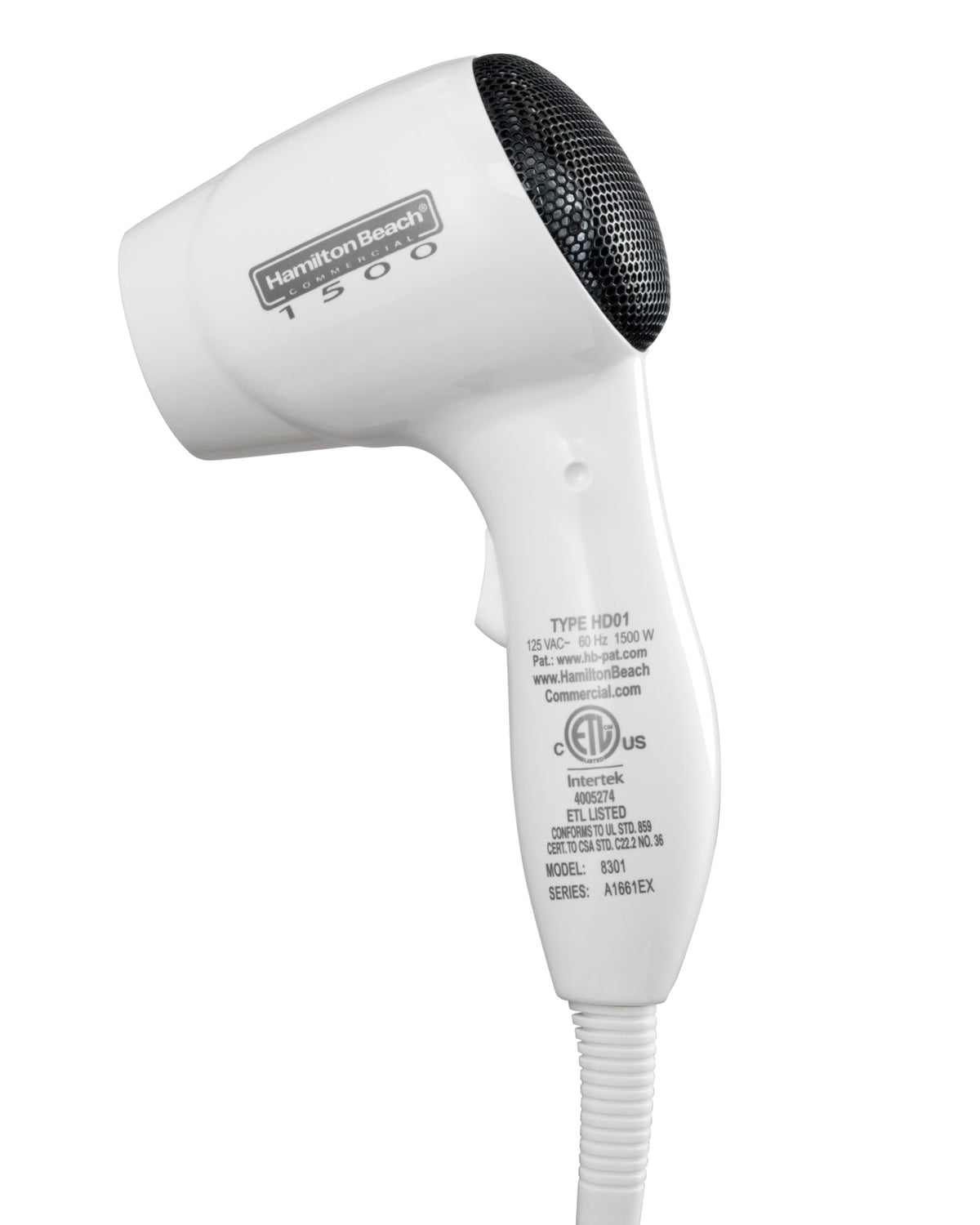 Hamilton Beach Commercial wall-mounted hair dryer 8251 front view, space-saving guest solution