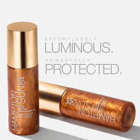 Hampton Sun SPF 50 Sun Glow gel-oil texture absorbs quickly with a soft pearlescent finish.